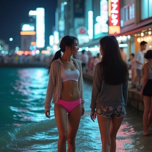 Two women in modern attire in Tokyo's Kabukicho district at night. Neon lights illuminate the scene. One woman wears a bikini and is joyfully entering the turquoise sea. The other woman wears a see-through hoodie and pink mini-skirt. Both women are attractive and facing each other.