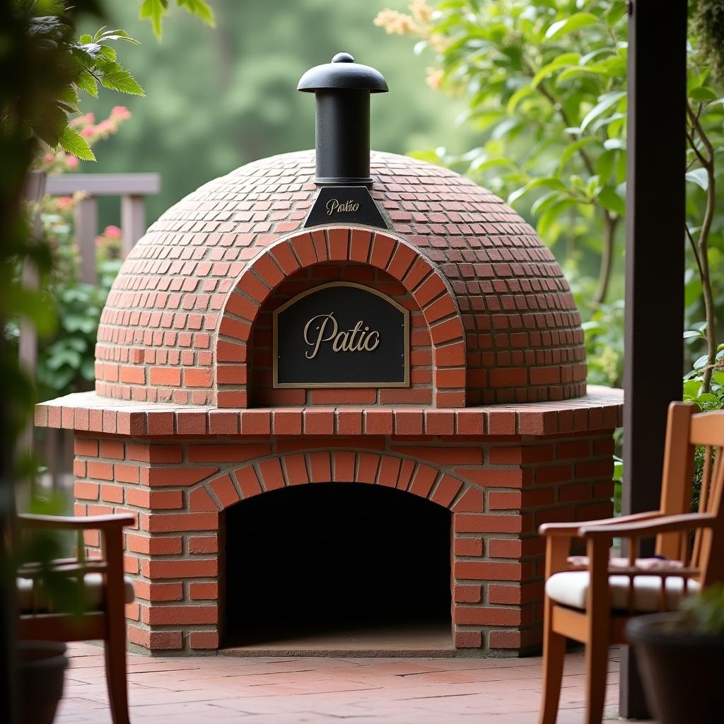 Brick oven features a brand name 'Patio'. The oven has a circular dome shape made of red bricks. The oven is situated in an outdoor garden setting with chairs nearby. Lush greenery surrounds the area. Focus is on the oven.