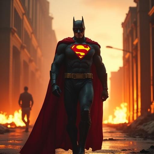 Photo realistic depiction of a dejected elderly superhero in costume walking with a frame away from a building engulfed in flames