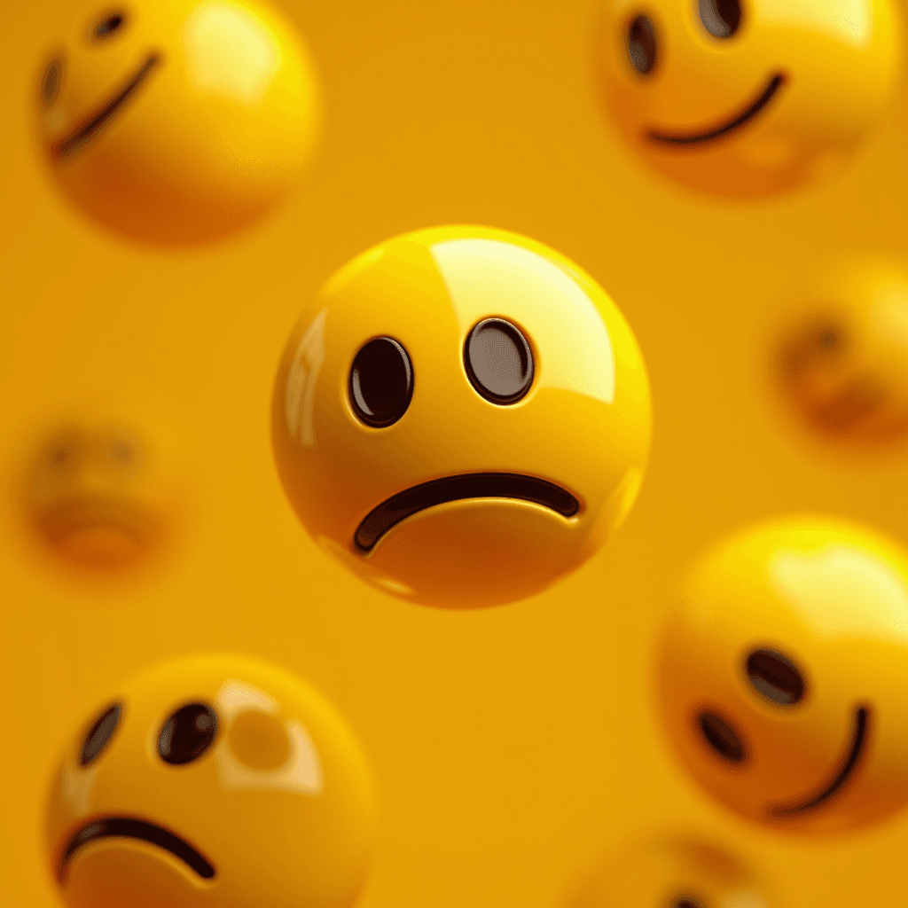 The image shows several yellow emoji balls, some smiling and some frowning, against a similar colored background.