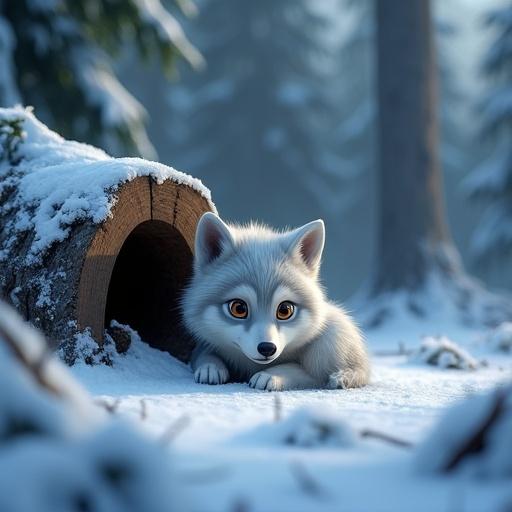 3D rendering in Disney Pixar style of a small, wide-eyed wolf cub with white-gray fur behind a fallen log in a snow-covered forest