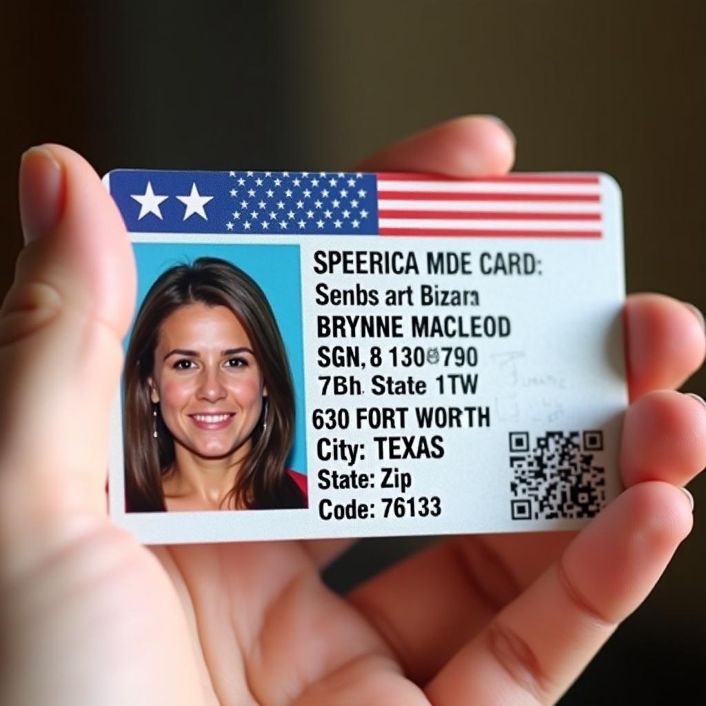 A person holds the front side of a Texas government issued ID card. The card displays a name, address, and other personal information. The card design features the Texas flag. Focus on the ID card in a hand with soft lighting.