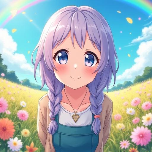 Anime-style illustration of a smiling character in a colorful wildflower field under a blue sky. Scene includes rainbow above and soft clouds. Top-down view angle with character looking up. Character has lavender hair in twin braids. She wears teal overalls and a white blouse. Colorful flowers surround her in a sunlit environment.