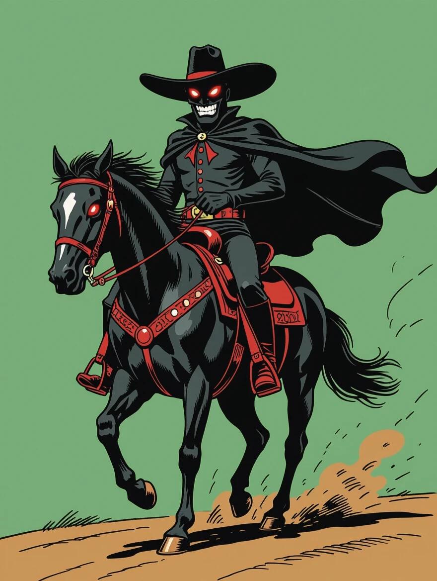 Demonic rider on a black horse with red eyes coming towards viewer. Menacing appearance. Dark comic book style. Flat emerald green background.