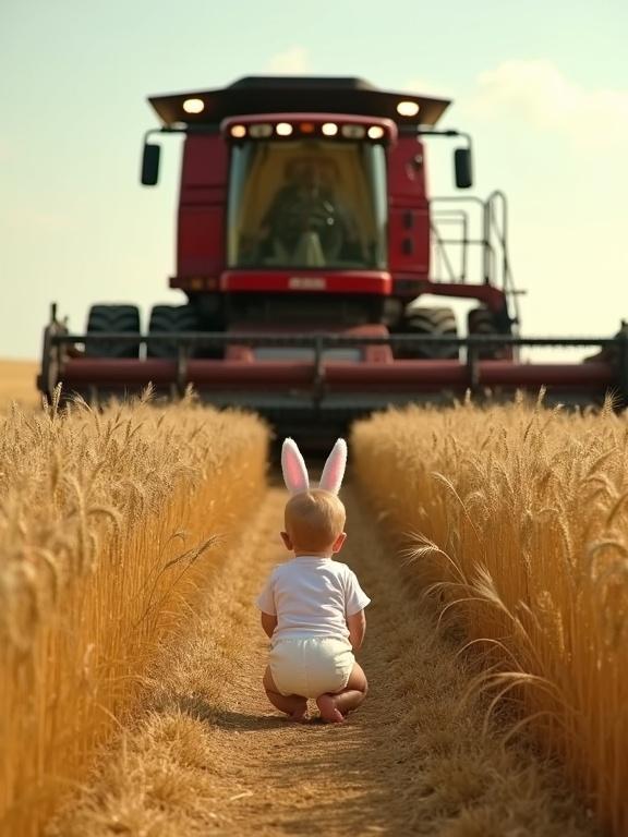 A large red combine harvester approaches a baby in a golden wheat field. The harvester's wheels are visible, casting shadows on the tall stalks. A baby in a white onesie is crawling calmly. A human-sized rabbit moves toward the baby. The scene blends realism with whimsy, showcasing industrial and natural contrasts.