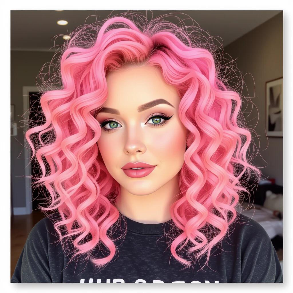 A woman with pink curly hair poses for the camera. She has striking green eyes and flawless makeup. The background is softly blurred, focusing on her hairstyle and expression.