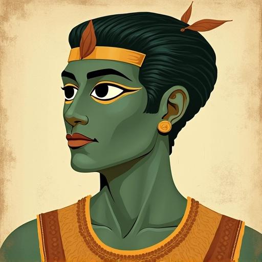 Vintage illustration of a man with green gradient skin. Soft muted colors in clothing. Flat colors highlight Egyptian features. Big outlined eyes resemble Ra. Background looks like ancient manuscript. Canvas texture enhances design.