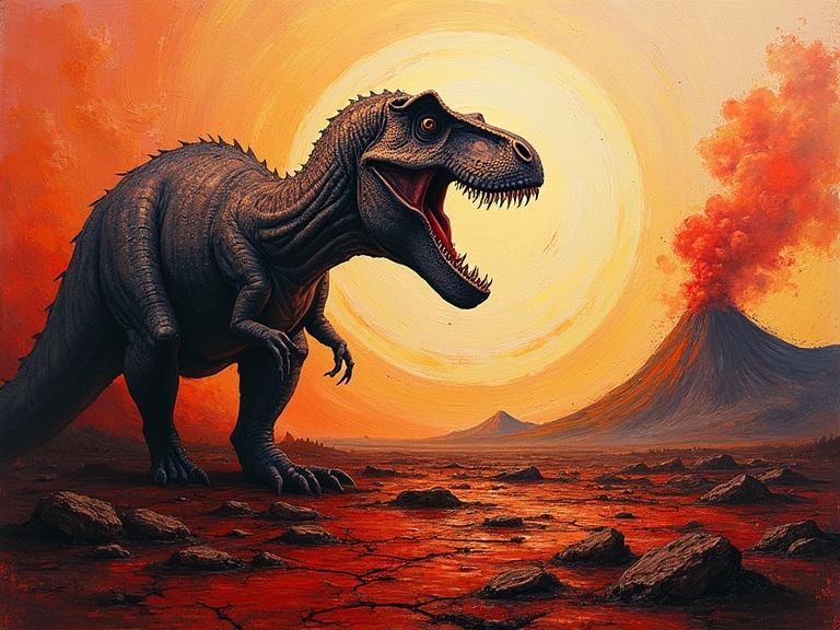 A twisted Jurassic landscape features a contorted theropod roaring at a fractured sky. The ground is cracked and rust-red, while distant volcanoes are sketched in wild strokes. The painting adopts a Neo-Expressionist style with mournful and violent themes and raw textures demonstrating emotional distortion.
