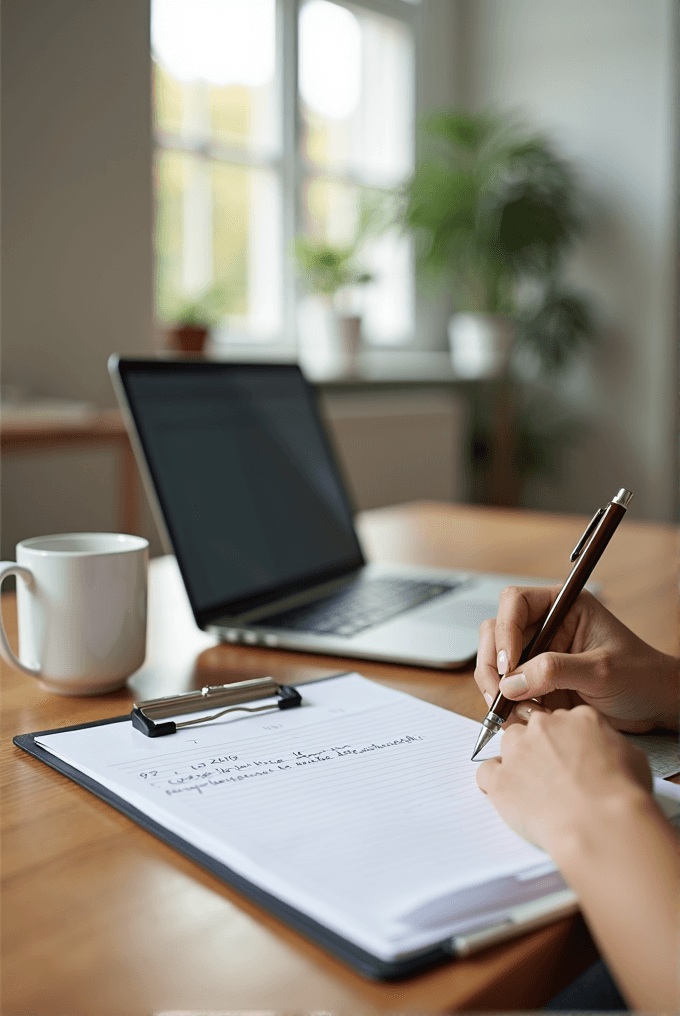 A person writes on a notepad in front of a laptop and coffee cup on a wooden desk, with a blurred background of indoor plants.