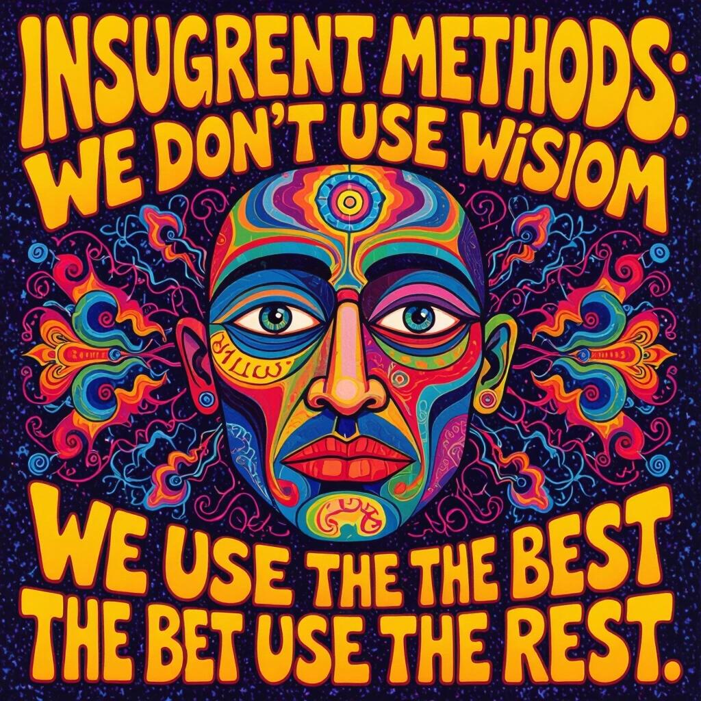 Psychedelic art representation with vibrant colors and intricate designs. Features a face with expressive eyes and a colorful background. Includes text about unconventional methods and wisdom.