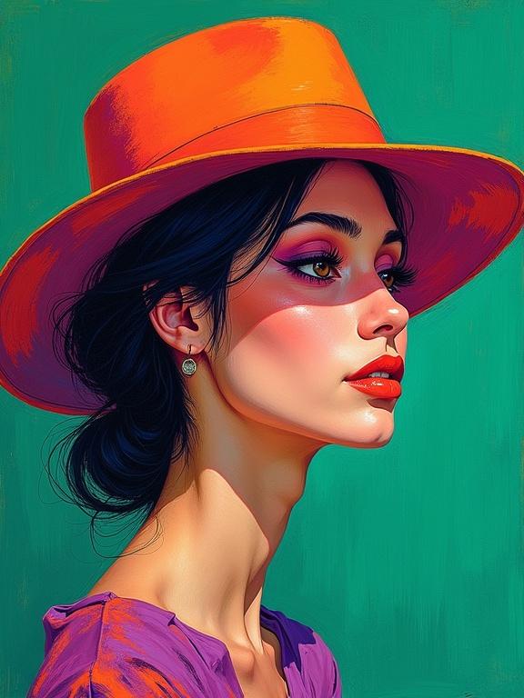 Create a best-selling portrait with a hat channeling elemental forces with brushstrokes of fire and water in violet and orange. Background is green for strong expression.