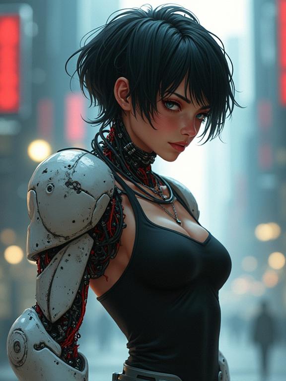 Digital illustration of a female cyborg portrait. Short dark hair. Cybernetic enhancements visible on neck and arm. Intense expression with narrowed eyes. Dressed in a black tank top. Dramatic high-contrast lighting against a blurred cyberpunk background.