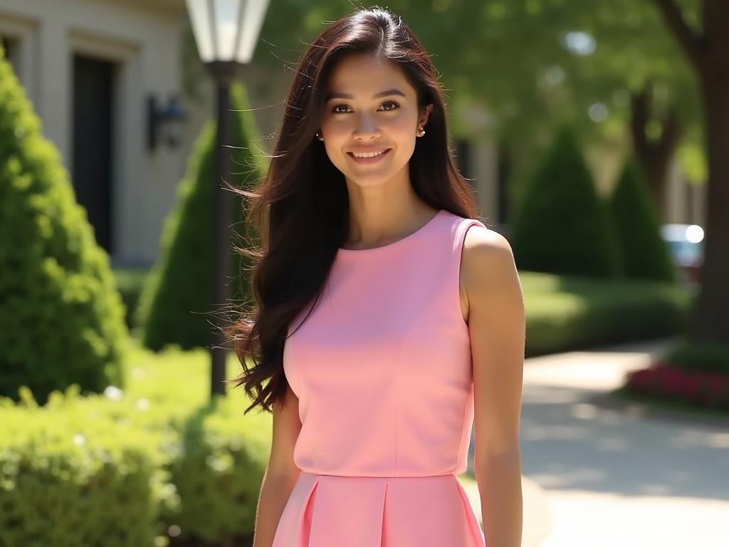 The image features a female subject with long dark hair, light skin tone, and a gentle facial expression. She is wearing a pink sleeveless dress with a fitted bodice and a flared skirt. The background includes manicured greenery and a stylish lamp post, suggesting a sunny outdoor setting. The lighting is bright and natural, emphasizing the softness of her dress and overall appearance.