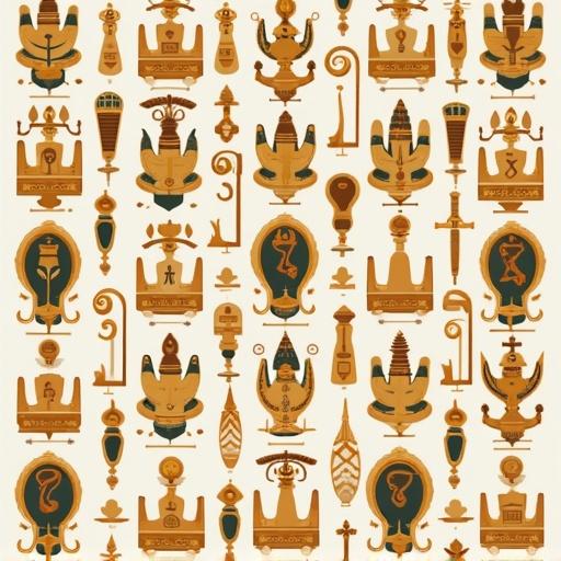 Repeating vector pattern featuring various symbols from ancient Egypt. Earthy colors present. Transparent background used.