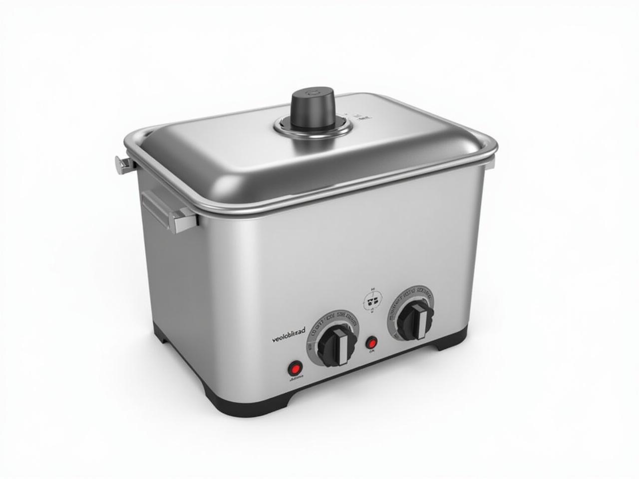 Transform the provided design into a professional product photograph of a food processor. It is a rectangular-shaped device with a sleek stainless steel finish. There is a lid on top, featuring a small opening for easy access. A handle is located on the side for convenient carrying. Below the lid are two circular dials; the left dial is for 'temperatura' and the right dial is for 'velocidad', both labeled with numbers indicating their settings. Three buttons are found below the dials, labeled 'NO-Corta' on the left, 'Corta' on the right, and 'ON' in the center, adding functionality to the modern design.