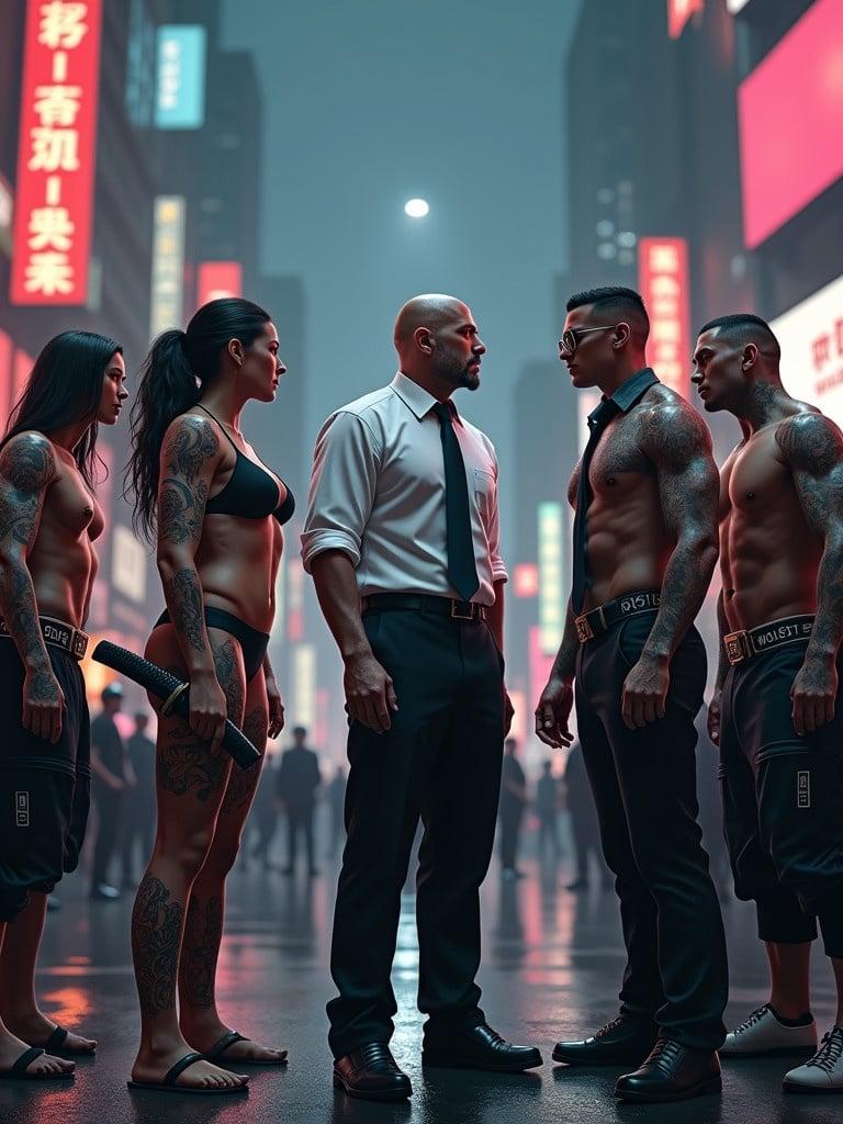 Highly realistic digital artwork depicting a tense meeting of powerful gang leaders in an urban plaza. Neon-lit buildings surround. Five leaders face each other with determination. First leader is a muscular woman in jic outfit with tattoos and sword. Second leader is a bald gangster king in a white shirt with tattoos and sunglasses. Third leader is a thin, shirtless teenager covered in tattoos with a samurai sword. Fourth leader is a young man in a suit with long hair and sunglasses. Fifth leader is a sumo wrestler with tattoos and sunglasses. Their gangs stand behind them, tattooed and armed. Dramatic lighting emphasizes features and textures. Camera captures the leaders in foreground with their gang overpowering in background.