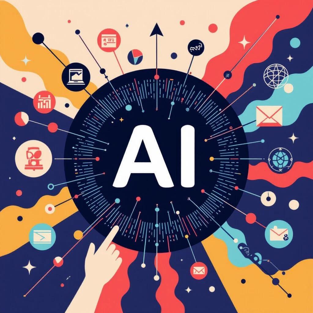 An artwork featuring the central text AI surrounded by various symbols related to technology and analytics. The background is abstract and colorful with rays of vibrant colors radiating from the center. Different icons symbolize statistics, email, data, and communication around AI.