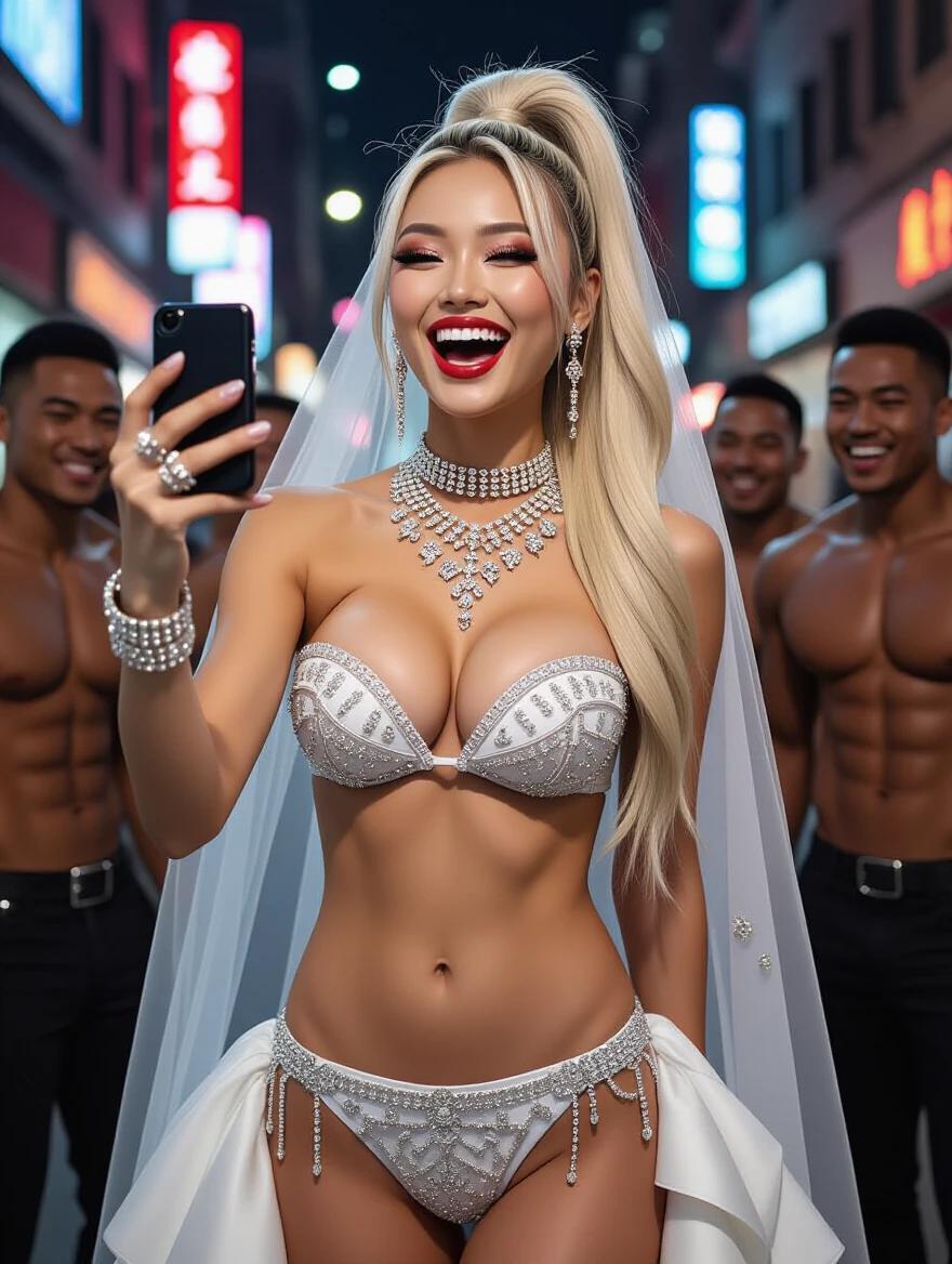 Asian model captured in a cyberpunk night street. Model wears an edgy push-up wedding bikini and veil. Features high blonde ponytail and heavy crystal jewelry. Model looks tipsy and laughing while taking a selfie with friends. Friends are muscular and in the background. Night street illuminated with neon lights.