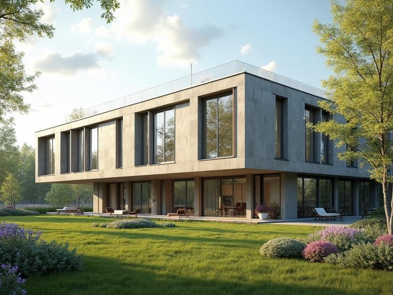 Modern artistic office building with big windows. Grounds feature a large garden. Soft shadows and gentle morning light illuminate the scene. No people present in the image. Sculpture elements included. Right-side view captured.
