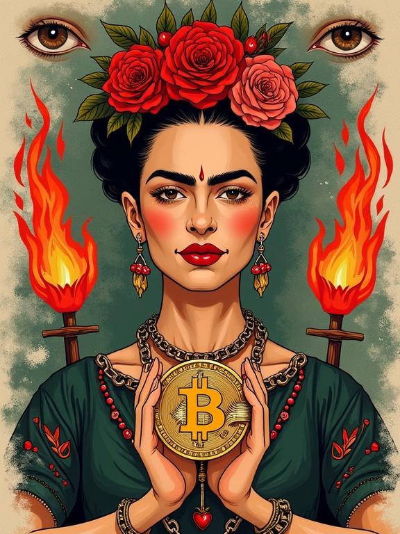 Design a t-shirt inspired by Frida Kahlo self-portrait. Feature a person with a crown of flowers holding Bitcoin. Include chains breaking, hearts, eyes, and fire. Use vivid reds, greens, and earthy tones. Blend personal power with digital freedom.