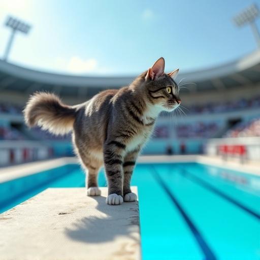 Hyper-realistic photo of a Maine Coon cat at the edge of a high diving platform overlooking an Olympic-sized pool. The cat is gray with white paws, focused with tail twitching. Background has blurred stadium bleachers and clear blue sky, bright sunlight highlights the scene. Style is photorealistic with high detail and strong contrast. Angle is slightly low side view.