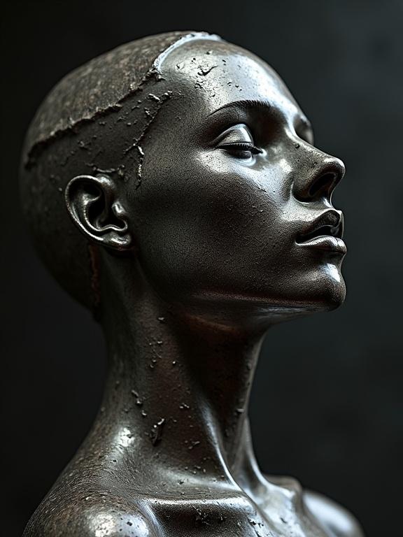 Nude body chocolate statue with intimate collage elements. Mixed media composition includes scratches, drops, and tears. Detailed close-up of silver bioluminescent features in digital art style.