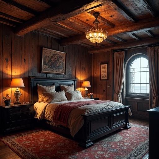 A luxurious bedroom aboard a ship with wooden walls and beams. A large bed is made with rich fabrics. A chandelier hangs from the ceiling. Warm lighting creates a cozy atmosphere with intricate decor.