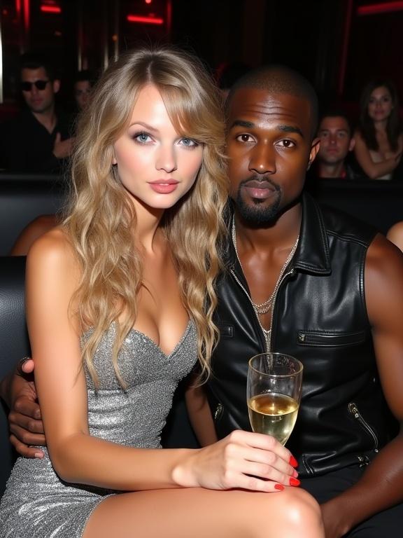 Photo of a couple in a nightclub VIP area. Couple sitting close. Woman with long blonde curls in a sparkly dress. Man in a black leather vest. They both are in a vibrant nightlife environment. Woman has a cocktail glass.