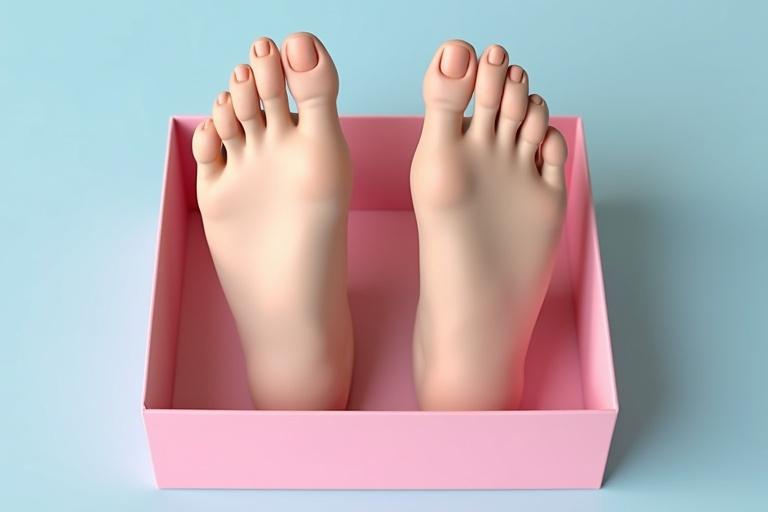 A pair of realistic female feet is neatly placed inside a pink box. The feet are well-groomed and have painted toenails. A soft pastel blue background enhances the presentation.