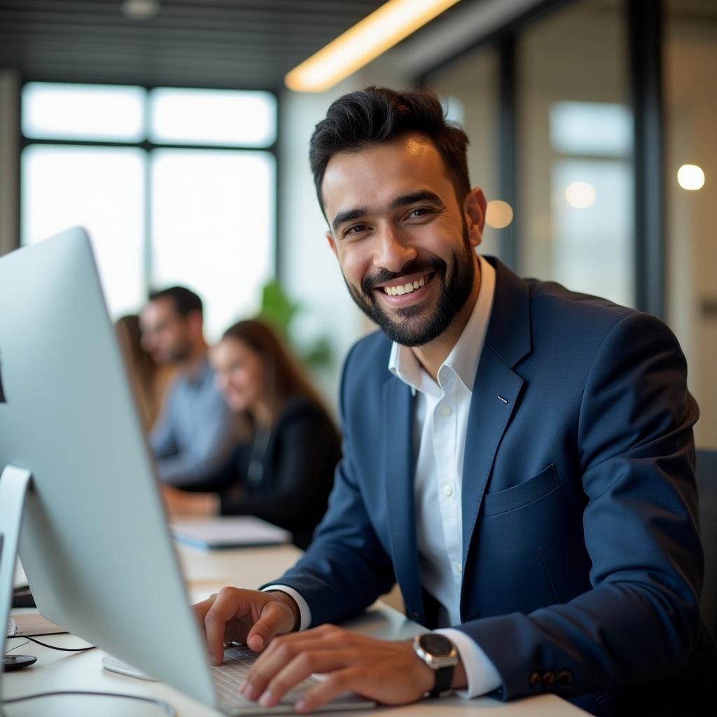 Professional in business attire working at a desk in a bright office. Person is focused on computer screen. Setting is modern and clean with a collaborative atmosphere.