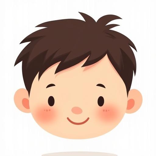 Simple and friendly cartoon illustration of a young boy's head. Features short spiky dark brown hair with a smooth peach face. Round shape and large rounded ears. Clean surface without facial features. Minimalistic, cute style for kids. Plain white background.