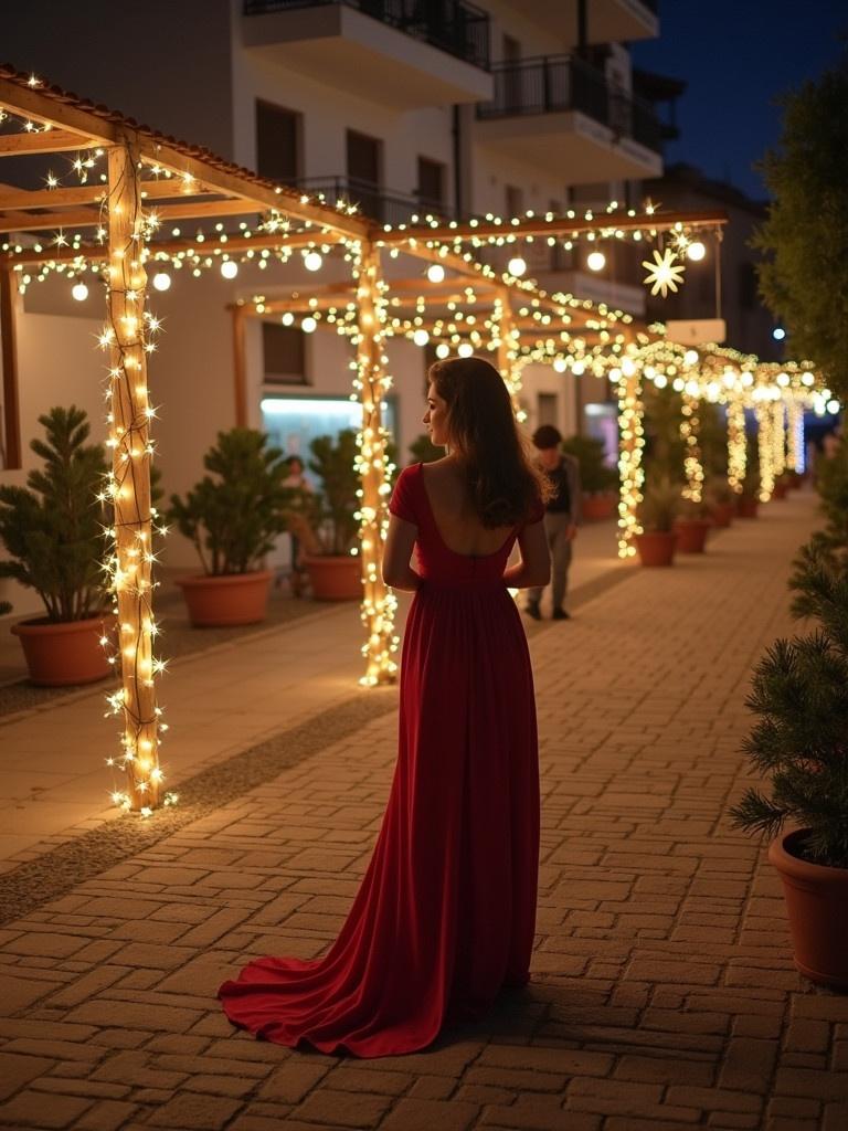 Outdoor walkway decorated with fairy lights during Christmas. A woman in a long red dress admires the surroundings. Soft lighting sets a festive mood. Cyprus location visible.