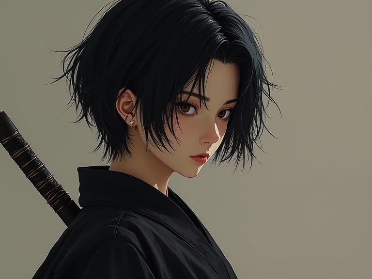 Anime-style portrait of a beautiful female ninja. She has short black hair and a serious expression. Dark clothing. Soft background.