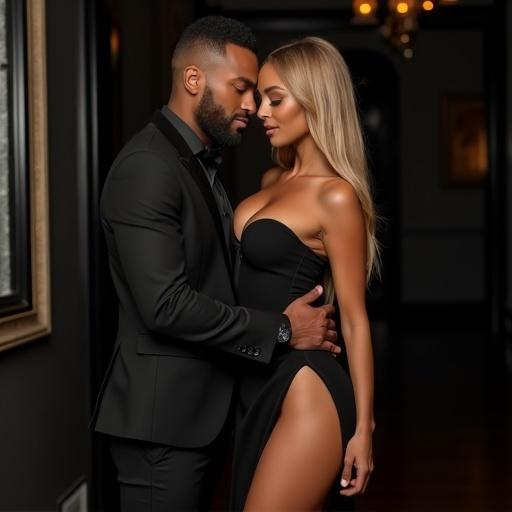 A busty model in a daring split style club dress is held closely by her boyfriend. Glamorous setting with elegant decor. Romantic atmosphere.