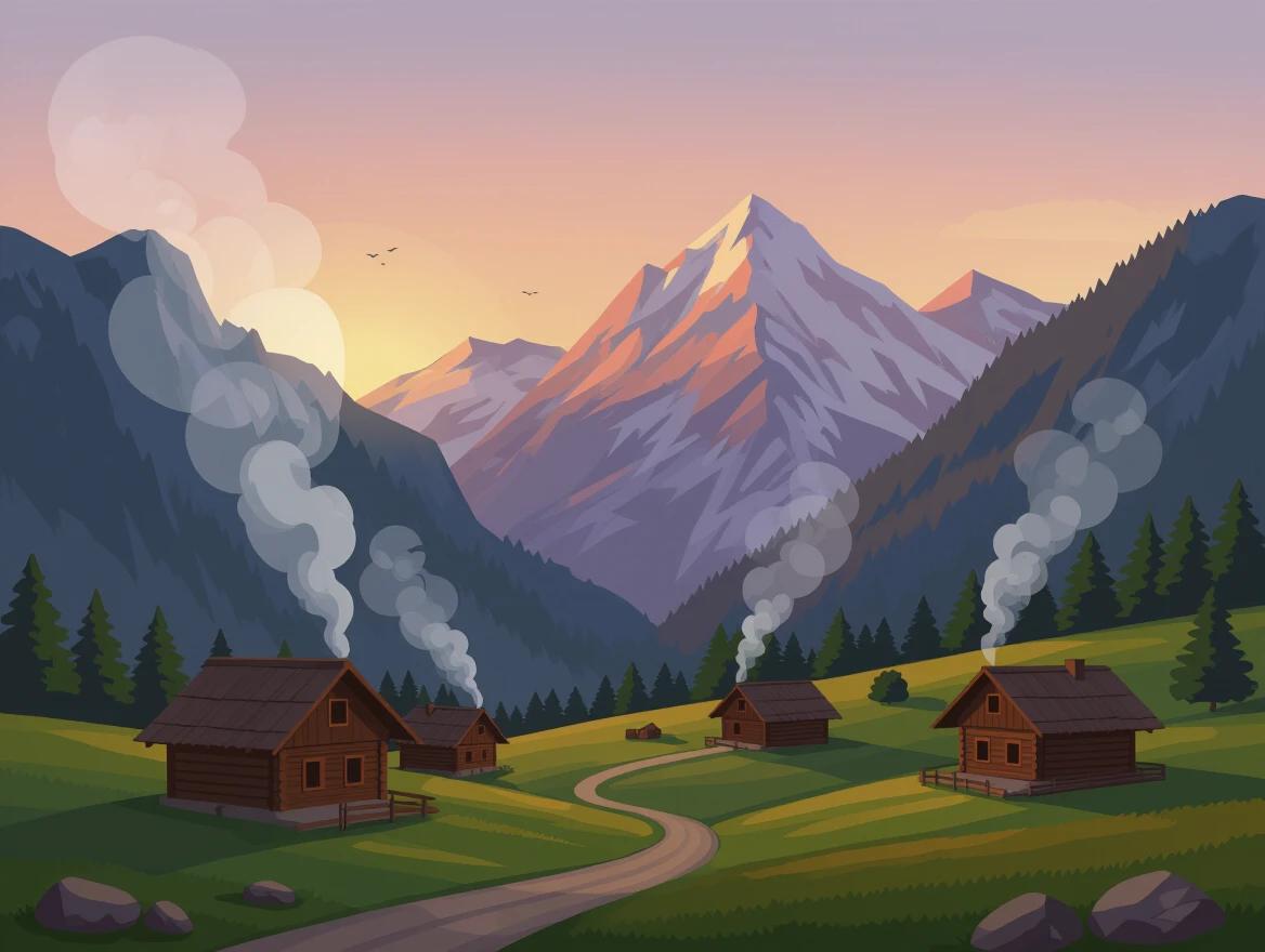 Illustrate a serene mountain village during sunset. Smoke rises from the chimneys of wooden chalets. Lush green hills surround the heartwarming setting. Majestic mountains rise in the background. Soft orange and purple hues paint the sky.