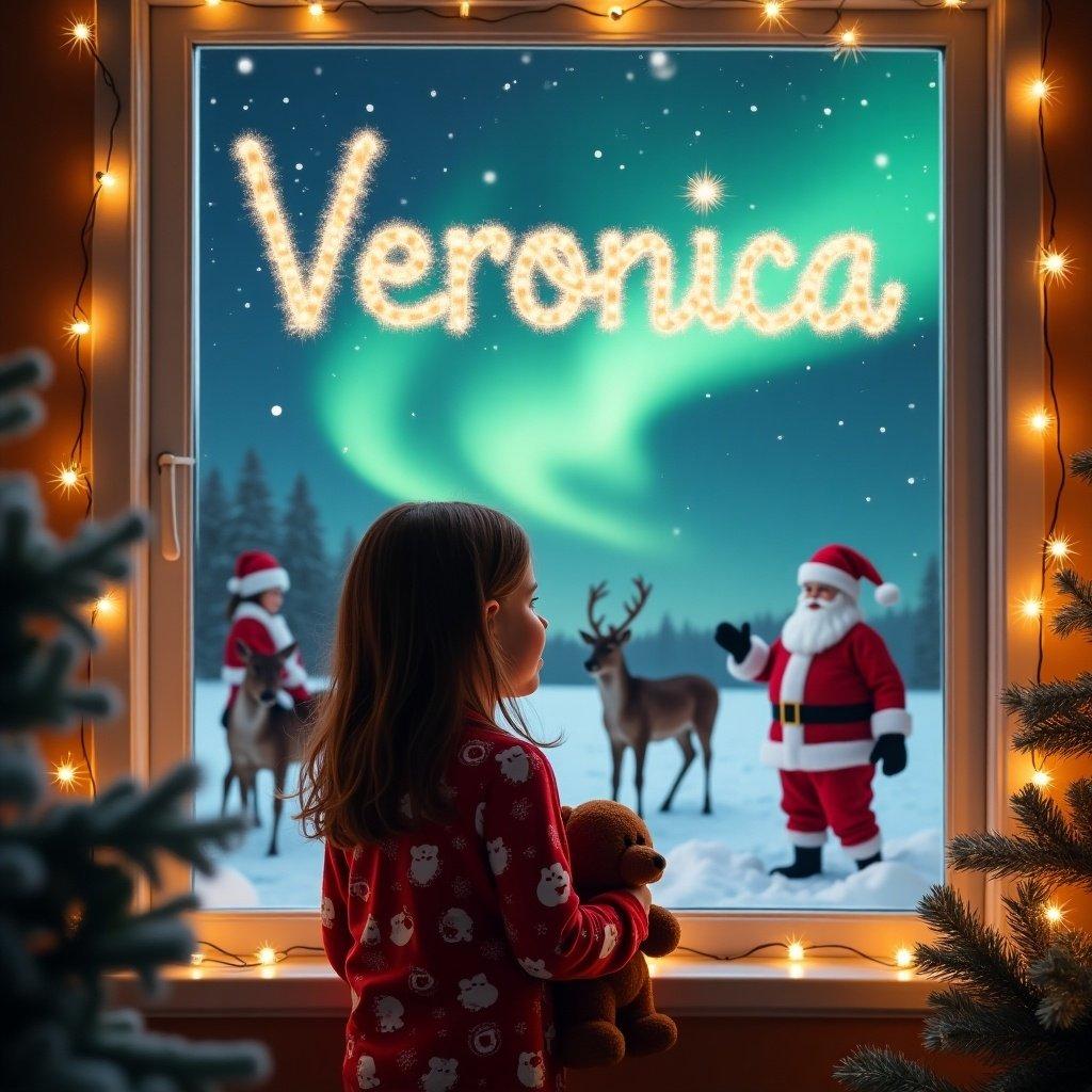 A young girl with brown hair wearing Christmas pajamas stands at a window holding a teddy bear. The scene is magical with an elf writing 'Veronica' from snowflakes. Outside are reindeer, Santa Claus, and an elf against northern lights. The window is adorned with twinkling lights and a Christmas tree nearby. Captures holiday wonder.