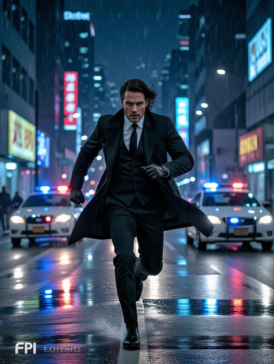 A hyper-realistic cinematic action scene of an elegantly dressed man in a sharp suit running through a rainy city street at night. He is chased by police with flashing sirens. The man wears black leather gloves and a long coat. Intense expression with hair blown back by wind. The camera angle is a fisheye lens with extreme-45° Dutch tilt. Extreme close-up of his gloved hand in motion blends into a wide street scene. Includes neon signs, wet asphalt, and reflections. Photorealistic style with high detail and dynamic lighting. Intense energy is visible.