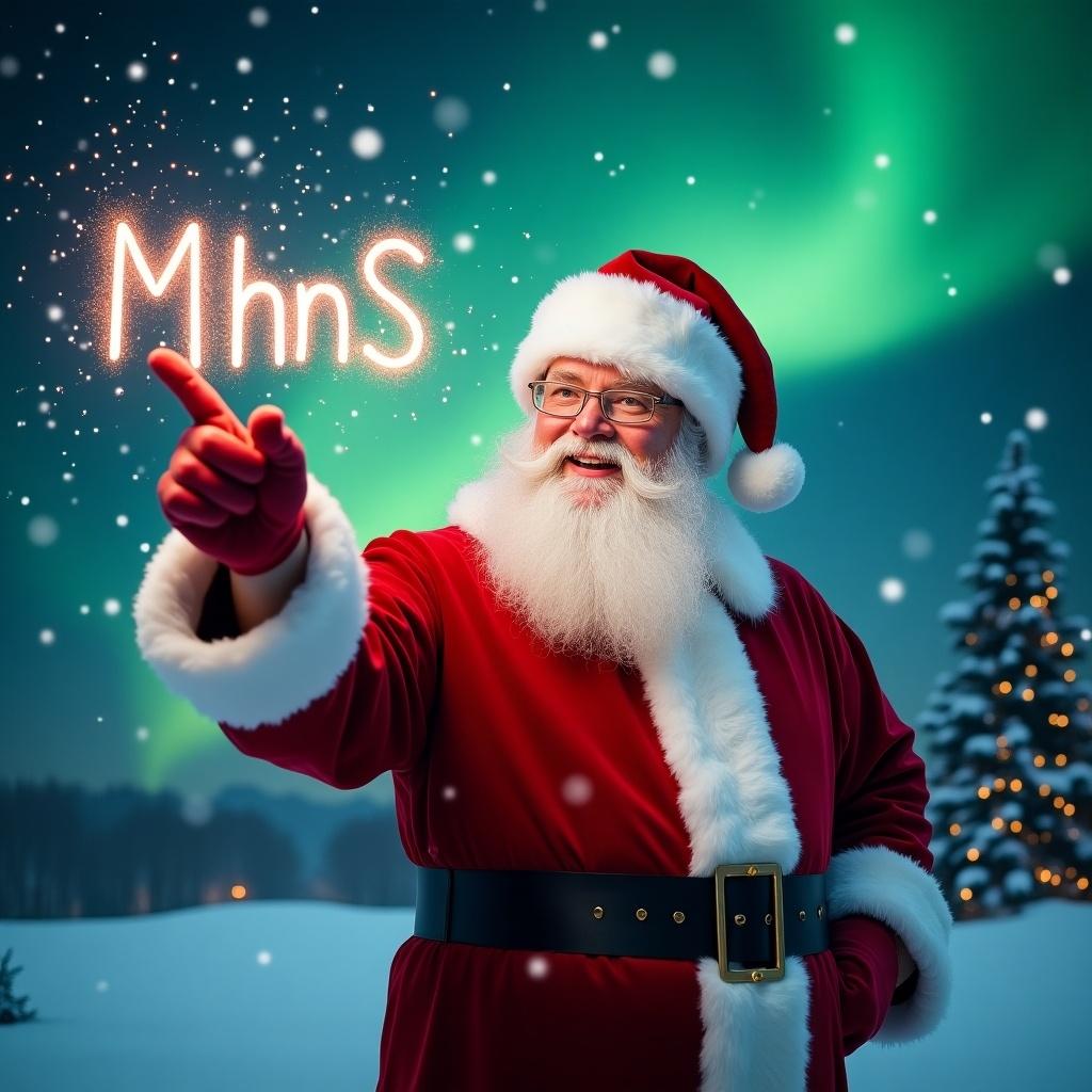 Santa Claus dressed in a red suit pointing. A sparkling wand creates the word 'MHnS' in the sky. Snowflakes fall gently. Northern lights form a magical backdrop in winter.