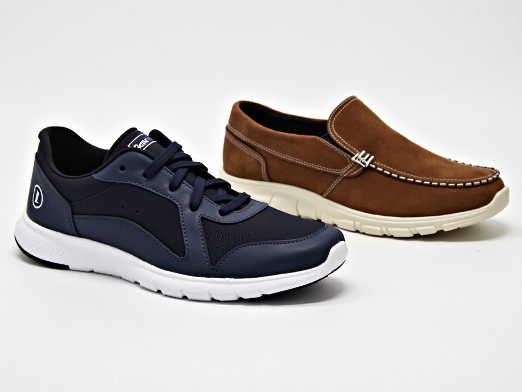 A composition featuring a navy sneaker and a brown loafer against a white background, showcasing modern footwear design.