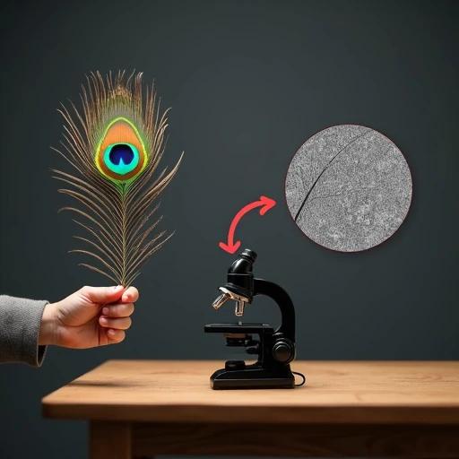 Ultra-realistic image of a peacock feather in a boy’s hand. A red arrow points from the feather to a black microscope on a wooden table. Another red arrow leads to a zoomed-in view of the feather. The background is smooth charcoal gray with soft lighting. Small text reads 'Hafiz Shahzaib Discovery Studio'.