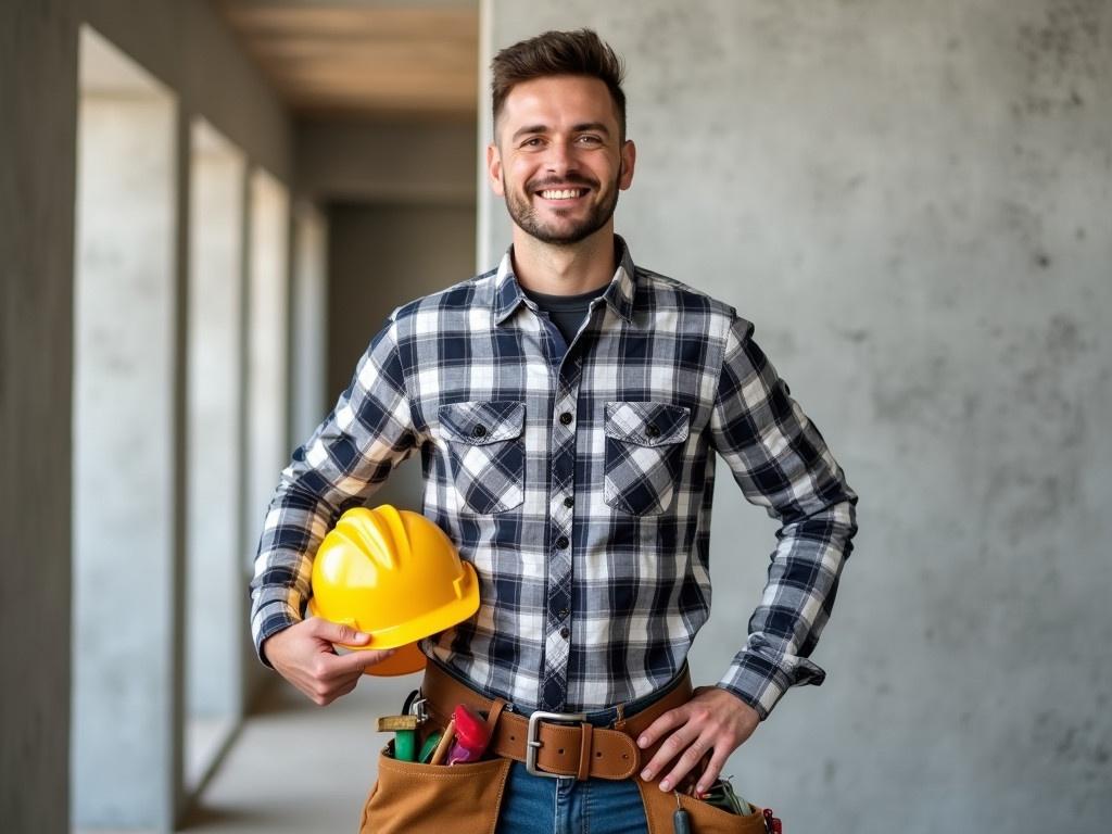 A construction worker stands confidently on a building site. He holds a bright yellow hard hat in his left hand. His right hand rests on his hip, showcasing a tool belt filled with various tools. He wears a plaid shirt, adding a casual touch to his work attire. The background shows a partially constructed wall, emphasizing the ongoing construction work around him.