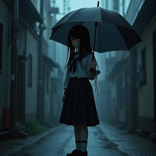 A girl stands alone in a dark, rainy alley of a modern Japanese city. She wears a wet school uniform. Her long black hair drips water. Pale skin glows faintly. Eyes shimmer with unnatural light. A ritual charm hangs from her neck. She holds a black umbrella that casts no shadow. A ghostly aura surrounds her. A red string is wrapped around her finger and trails off into the dark. Lighting and textures are realistic, creating a cinematic atmosphere with moody colors.