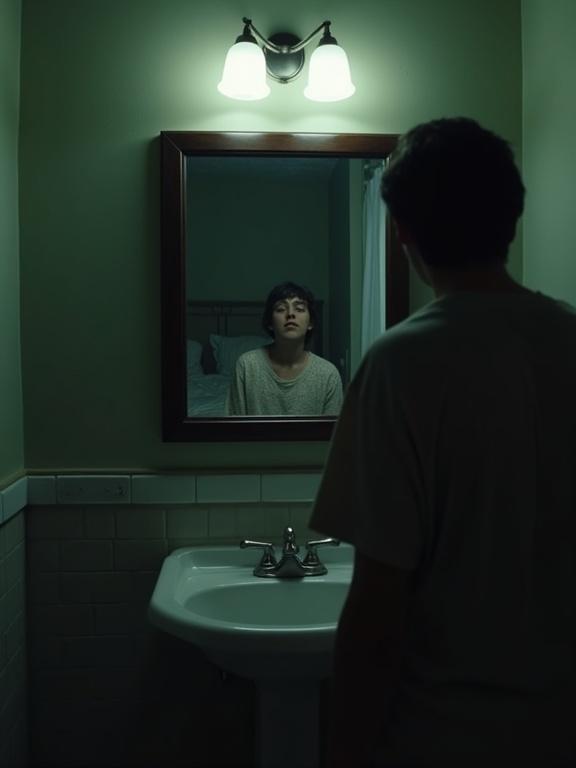 Dim bathroom with flickering light. Mirror displays another room. Teen appears horrified while gazing into mirror. Surreal and nightmarish vibe.