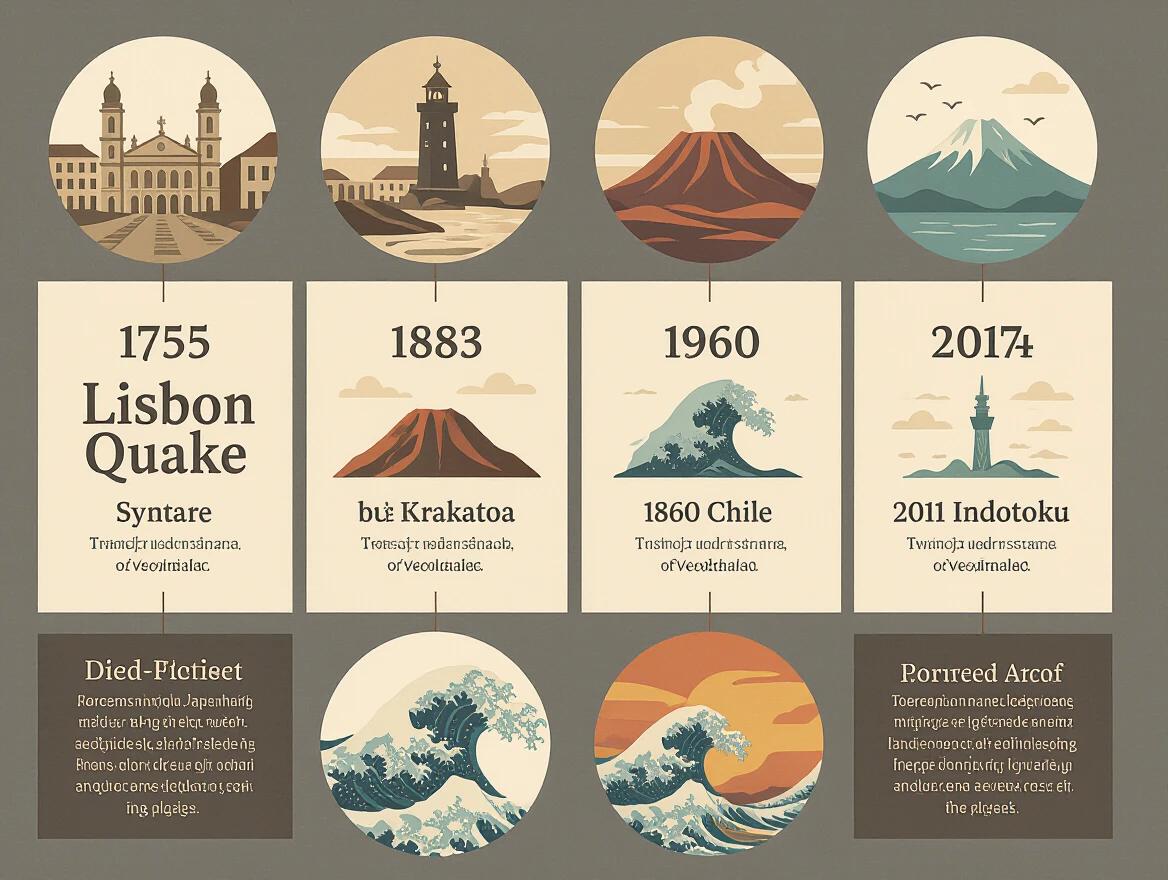 Elegant infographic displaying a historical timeline of major earthquakes and eruptions. Events include the 1755 Lisbon quake and 1883 Krakatoa eruption. The year 1960 marks Chile's earthquake while 2004 reflects the Indian Ocean disaster. 2011 showcases the Tohoku calamity. Features miniature sepia vignettes above each date. Clean white background emphasizes muted color accents. Designed in 4k vector format and layout. Orientation is horizontal with a 21:5 aspect ratio.