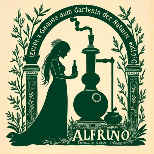 Minimalist linocut artwork depicting an alchemist woman. Elegant with cascading hair and nature-inspired jewelry. She crafts elixirs with a copper still and presents a liqueur bottle. Surrounded by wild fruits and floral patterns. Beige background with forest-green details. Text incorporated in classical typography.
