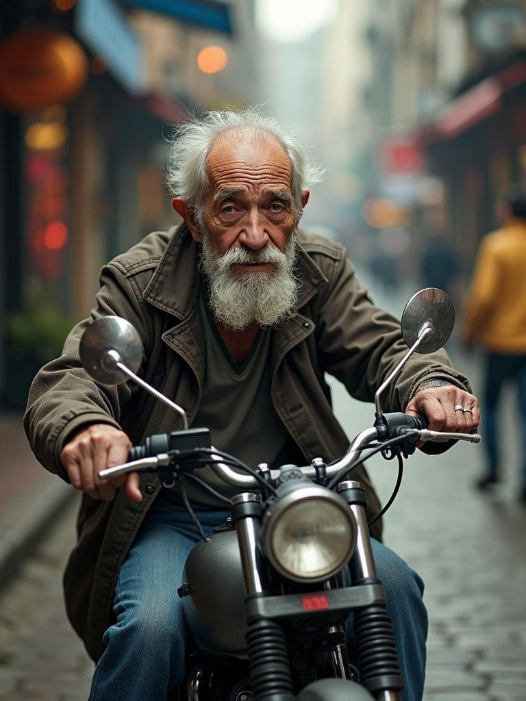 An elderly man rides a motorcycle through a narrow street. He has a long white beard and wears casual clothing. The setting is an urban environment with old buildings and cobblestones. The atmosphere is calm with a soft glow of natural light.