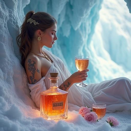 Scene features a Germanic goddess with tattoos. She wears a flowing white silky wrap. The goddess holds a glass of shimmering elixir. An apothecary bottle labeled 'ALFRUNO' glows golden-red. The setting is an ice cave surrounded by white-violet smoke. Two identical liqueur glasses flank the bottle. The setting includes roses and rosemary accents. The atmosphere evokes tranquility and magic.