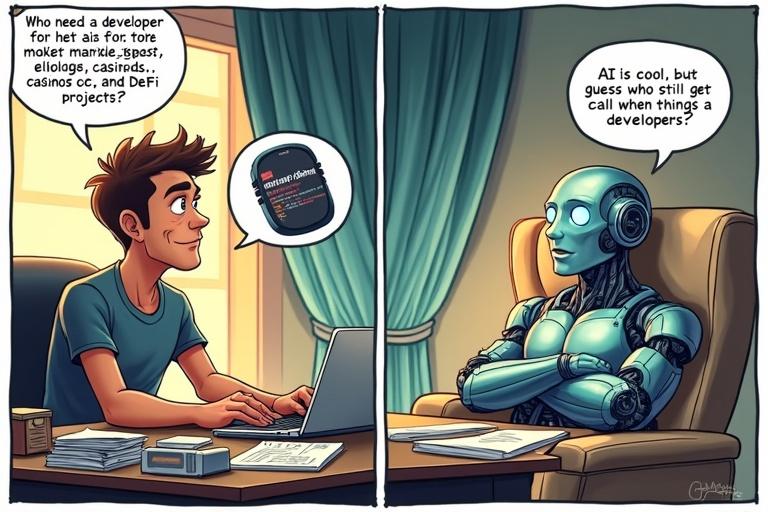 A split-panel cartoon showing a developer confronting an investor discussing AI. Developer sits at a cluttered desk with a laptop coding. Developer asks who needs them for various projects. Investor reclines confidently, claiming they have AI. An AI robot shows an error message. The tone is humorous, highlighting developers' role amid AI advancement.