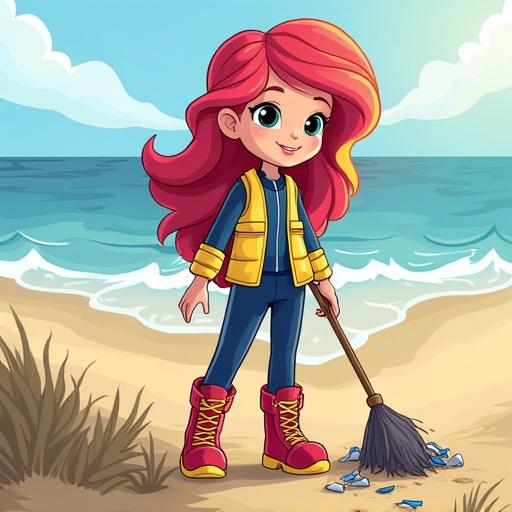 Young girl with red and yellow hair cleaning the beach. She wears a hi-visibility vest and red knee-high boots. The background shows the ocean and sand.