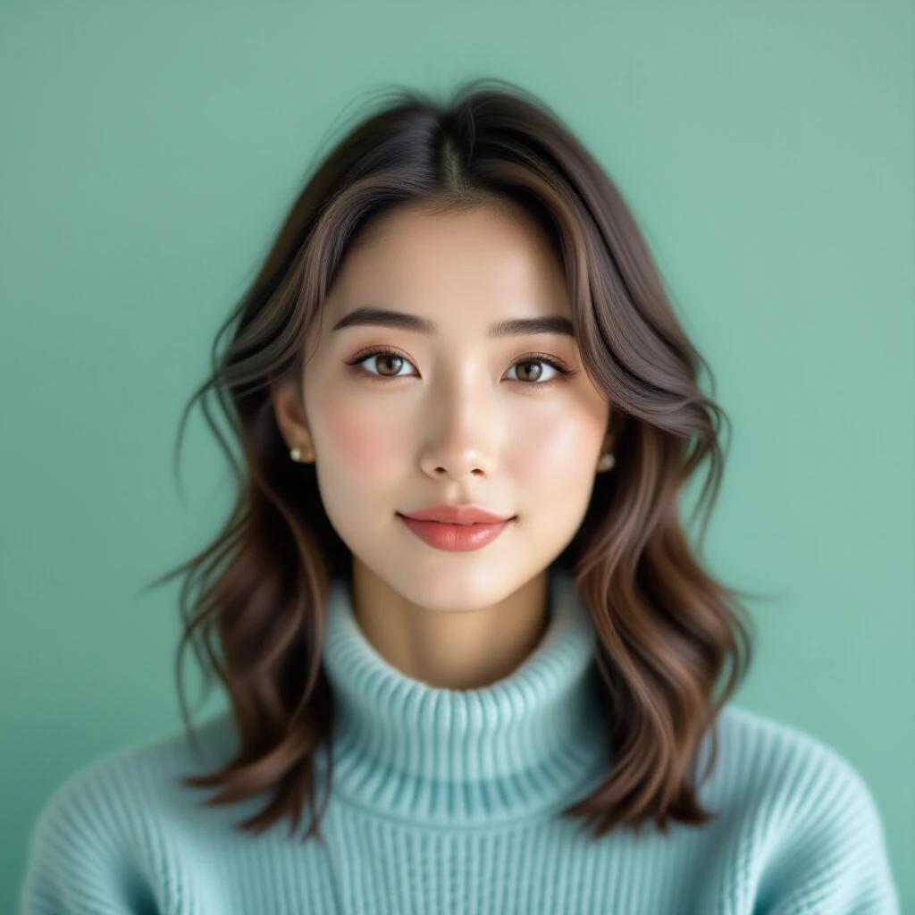 A portrait of a young female with a warm expression. She has soft facial features and styled hair. Wearing a light blue sweater, she stands against a soft green background. The scene conveys tranquility and elegance, creating a relaxed visual experience.
